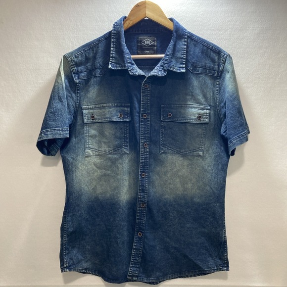 ROK Men's Lg Washed Blue Denim Short Sleeve Button Up Collared Shirt 90s Western - Picture 1 of 9
